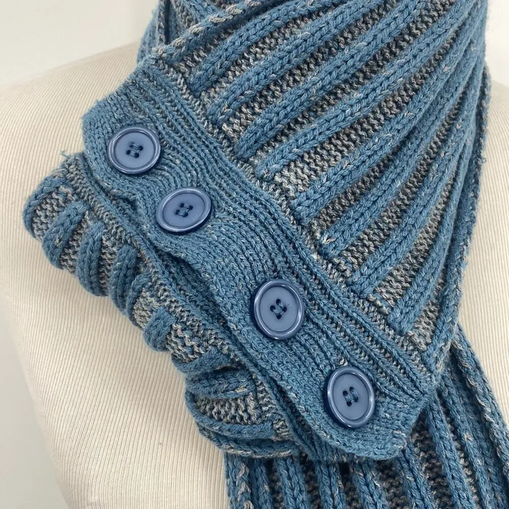Unbranded Blue & Gray Knit Scarf with 4 Blue Buttons